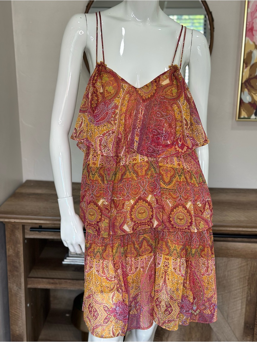 Zara Pink & Gold Paisley Tiered Spaghetti-Strap Mini Dress Sz S